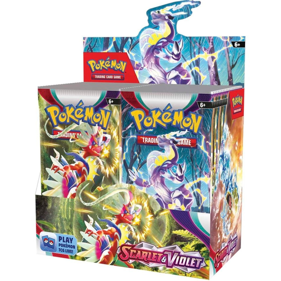 A booster box of Pokémon TCG featuring artwork with multiple Pokémon characters.